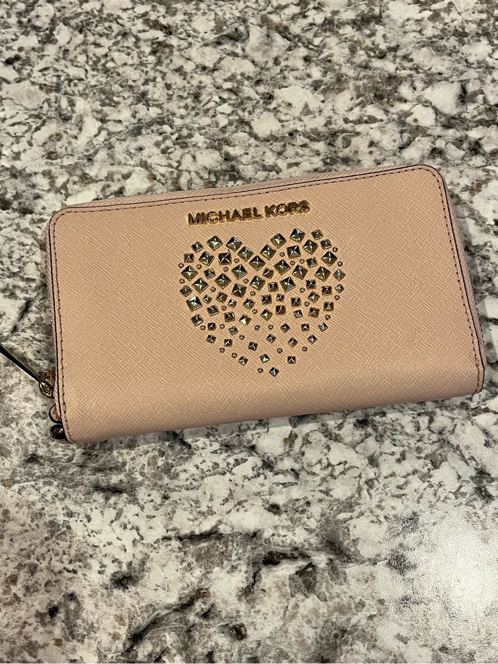 Michael Kors Blush Pink Studded Heart Zip-Around Wallet - Picture 12 of 13